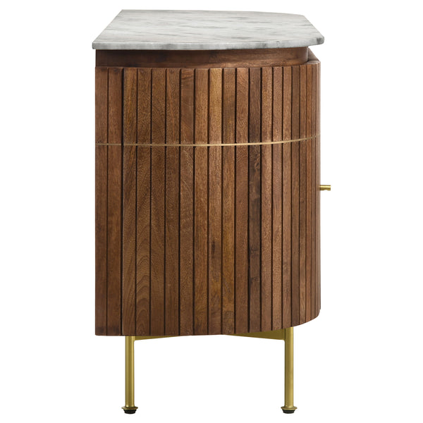 English Elm Feast Natural 4-door Sideboard Buffet Cabinet with White Marble Top, Mango Wood, Brass Inlay, 63" B062P342730