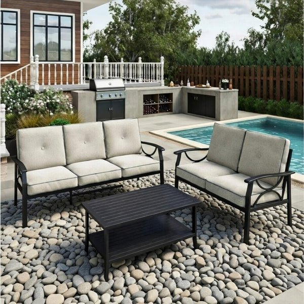 English Elm 3-piece Outdoor Steel Patio Conversation Set with Thick Cushions and Coffee Table Grey+Black B082S00134