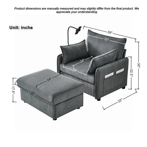 English Elm 55" Oversized Chaise Lounge Chair With Ottoman & Storage: Stylish Comfort For Small Spaces, Grey W3373P330165