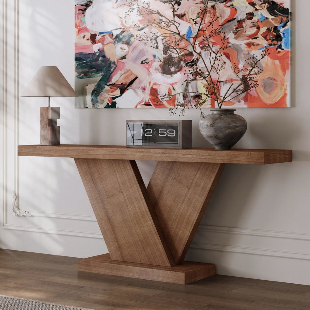 English Elm 66" Mid-century X-leg Console Oak Wash Veneer Entryway Sofa Table Geometric Base Walnut W1435P337637