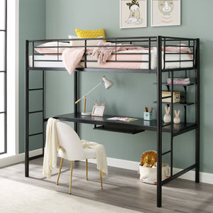 English Elm Walker Edison - Twin Metal Loft Bed Workstation Black — Detachable Desk with Sliding Keyboard Tray & Two Storage Shelves B185P326704