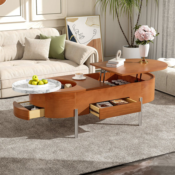 English Elm VIBE 47.2" Oval Lift-Top Coffee Table with Hydraulic Lift, Hidden Storage, Rotating Tray, Modern Design Brown N724P228920D