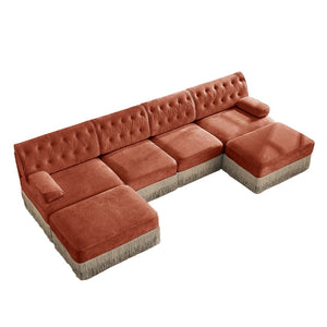 English Elm 4-seater Modular Sectional with Ottomans Tufted Fleece Sofa Tassel Skirt Retro Luxe Red+Brown W714S01727