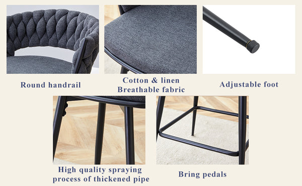 English Elm Two swivel bar stools set with breathable cotton-linen seats, 360° rotation, anti-rust electroplate frame Dark Gray W2920P281918