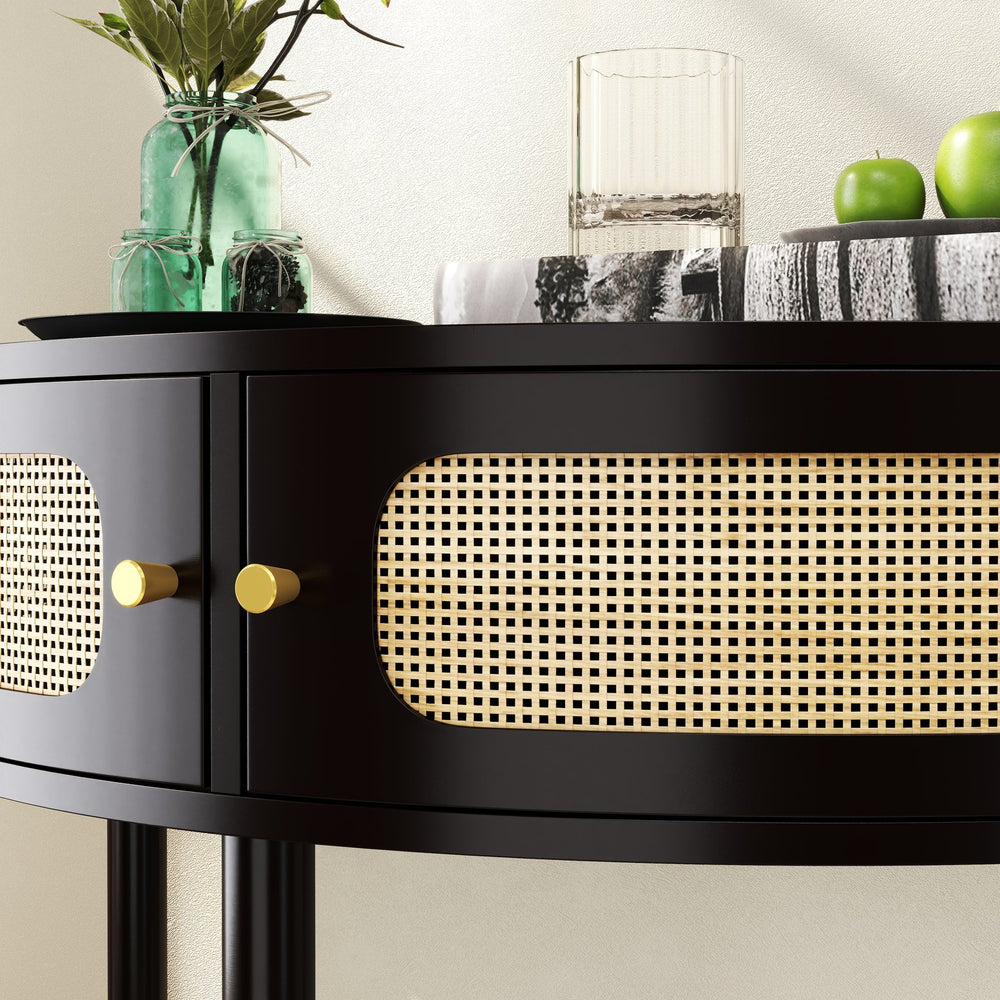 English Elm Unique Half Moon Rattan End Table with 2 Sliding Drawers, Boho Semi-Circle Console with Shelf, Black Finish W2557P183329