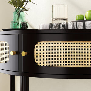 English Elm Unique Half Moon Rattan End Table with 2 Sliding Drawers, Boho Semi-Circle Console with Shelf, Black Finish W2557P183329