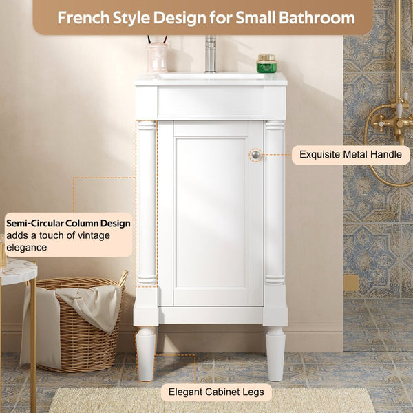 English Elm 18" French Style Vanity with Ceramic Sink Soft Close Door and Adjustable Shelf White N710P415332K