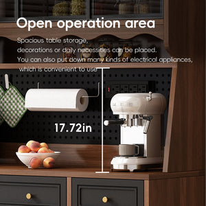 English Elm Freestanding Buffet Hutch with Glass Doors Six Drawers and Built in Power Outlet W5389S00002