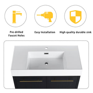 English Elm 84 Inch Freestanding Bathroom Vanity with Integrated Resin Sink, Soft-Close Doors, Shelves & Extra Storage Space Black Chestnut,Glossy White W999S00301