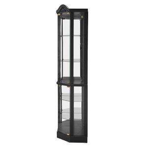 English Elm Glass Corner Curio Cabinet Lighted Dark Wood Display with Carved Crown Floral Detail W2275P292646