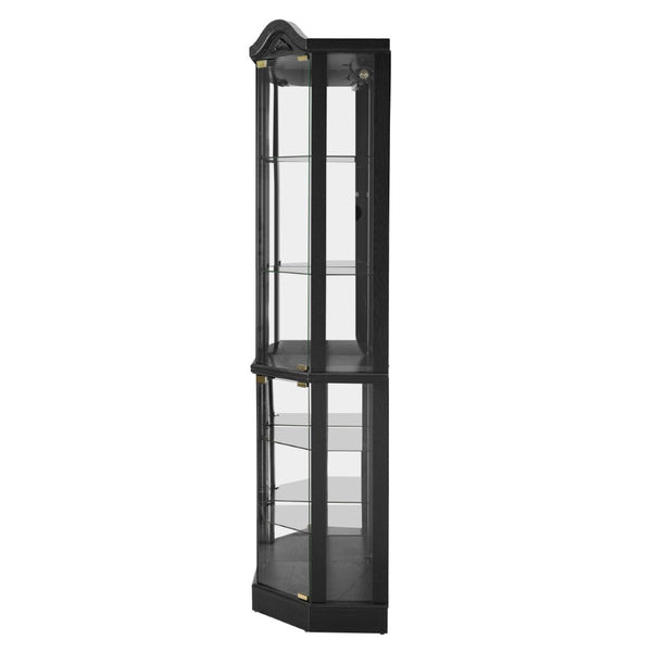 English Elm Glass Corner Curio Cabinet Lighted Dark Wood Display with Carved Crown Floral Detail W2275P292646