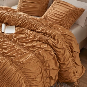 English Elm 2pcs Shabby Chic Ruched Comforter Set Bow Trim Brushed Polyester Fill Romantic Bedroom Brown B035P341088