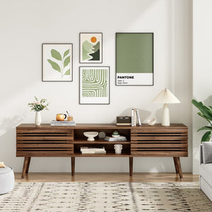 English Elm Mid Century Modern Fluted Wood Media Console with Storage Cabinets for Living Room Natural Walnut T3623P435373