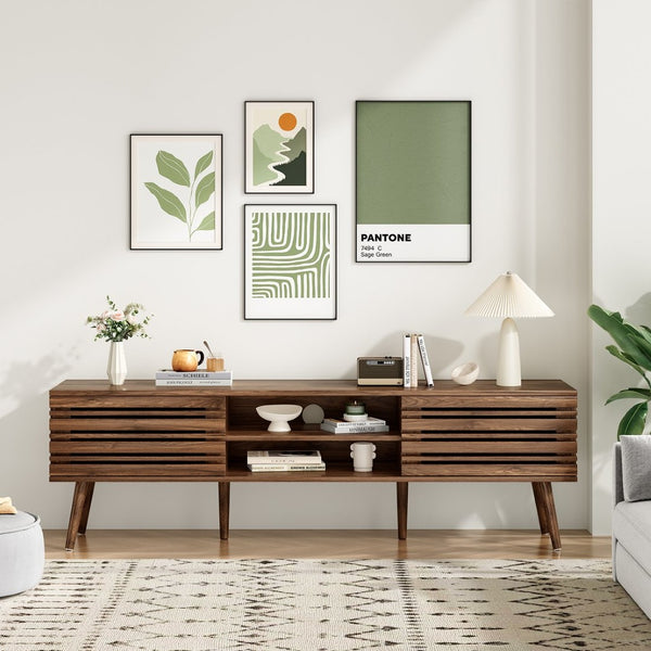 English Elm Mid Century Modern Fluted Wood Media Console with Storage Cabinets for Living Room Natural Walnut T3623P435373