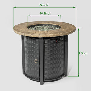 English Elm 30" 50000BTU Propane Fire Pit Table with Faux Wood Grain Top, Stainless Burner, Glass Rocks, Black W853P194144