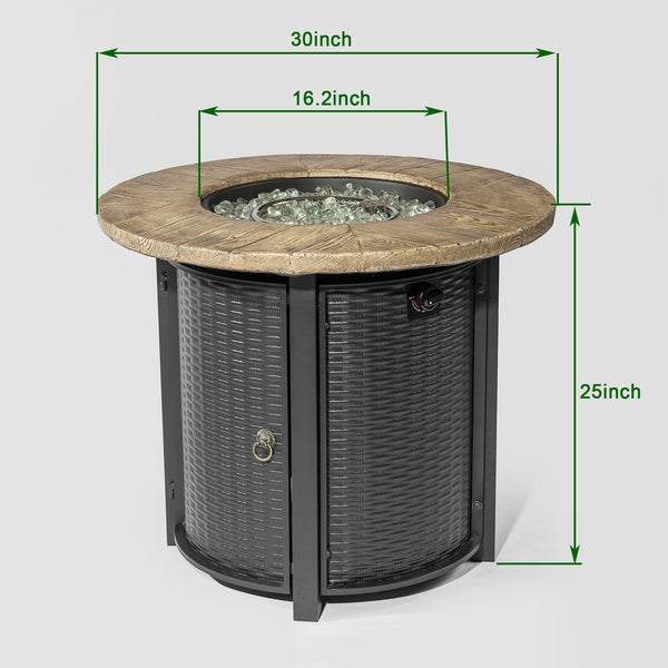 English Elm 30" 50000BTU Propane Fire Pit Table with Faux Wood Grain Top, Stainless Burner, Glass Rocks, Black W853P194144