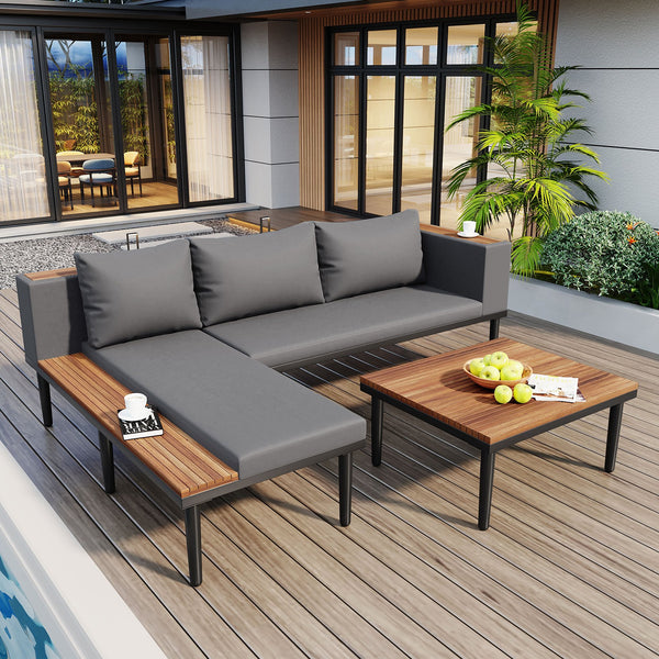 English Elm Luxury Acacia Wood Patio Sofa Set with Removable Cushions, L-Shaped Outdoor Conversation Sectional, Durable Iron Frame Gray N704G201251E
