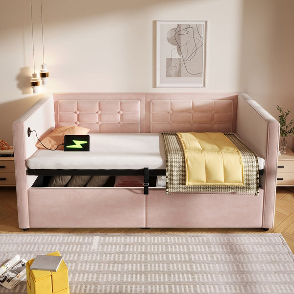 English Elm Upholstered Twin Daybed with Hydraulic Storage, Velvet Tufted Sofa Back, USB & Type-C Charging Port Pink N736P303402P