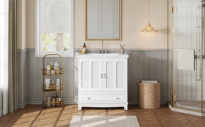 English Elm 30" Modern Bathroom Vanity with Ceramic Sink, Solid Wood Frame, Soft-Close Drawer & Adjustable Shelf White N710P293306K