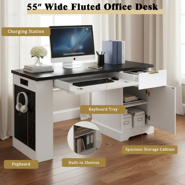 English Elm 55" Fluted White Computer Desk with Power Outlet Pegboard Cabinet and Keyboard Tray W2917P396008