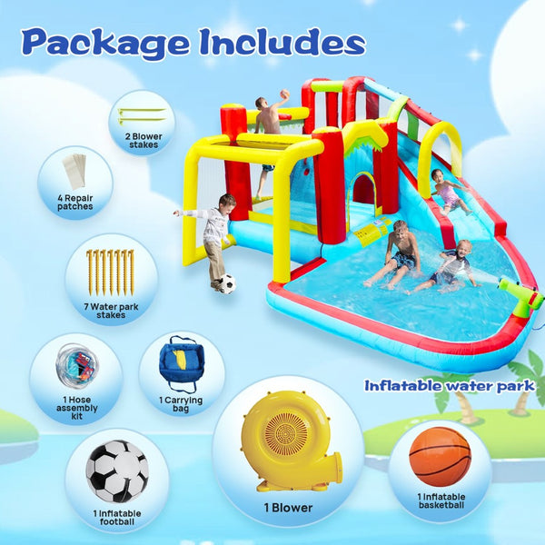 English Elm 7 in 1 Inflatable Backyard Water Park with Slide Splash Pool Climbing Wall and Bouncer W167790010