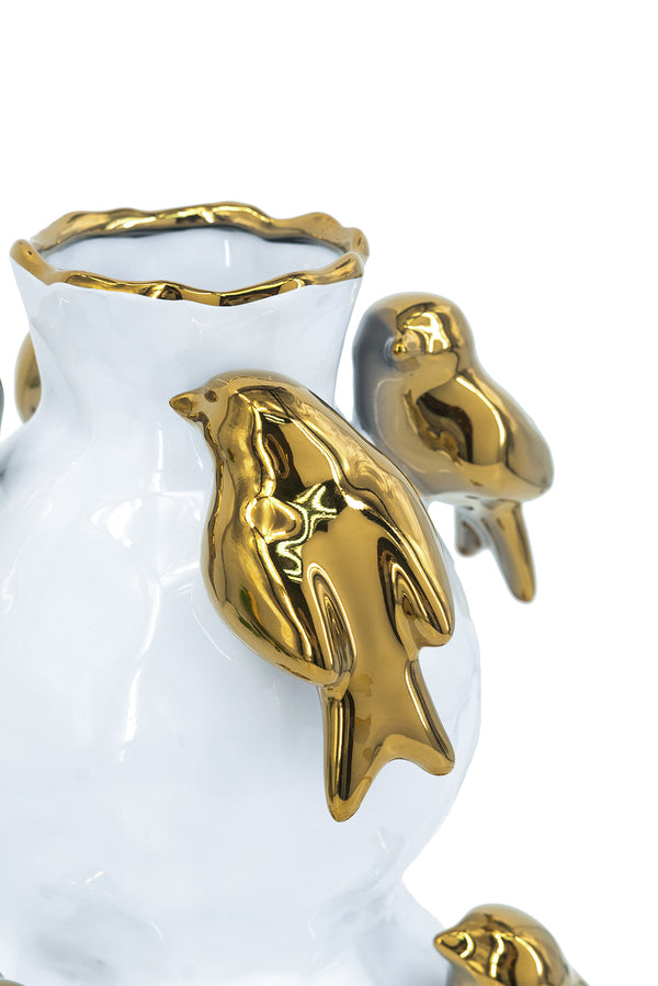 English Elm 8.5x8.5x14" Two-Tiered White Ceramic Vase with Gold Bird Accents — Elegant Sculptural Home Decor Statement W2078P390442