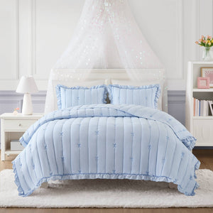 English Elm 3-piece Reversible Microfiber Quilt Set Bow Embroidery Ruffled Trim Romantic Bedroom Blue B035P482883