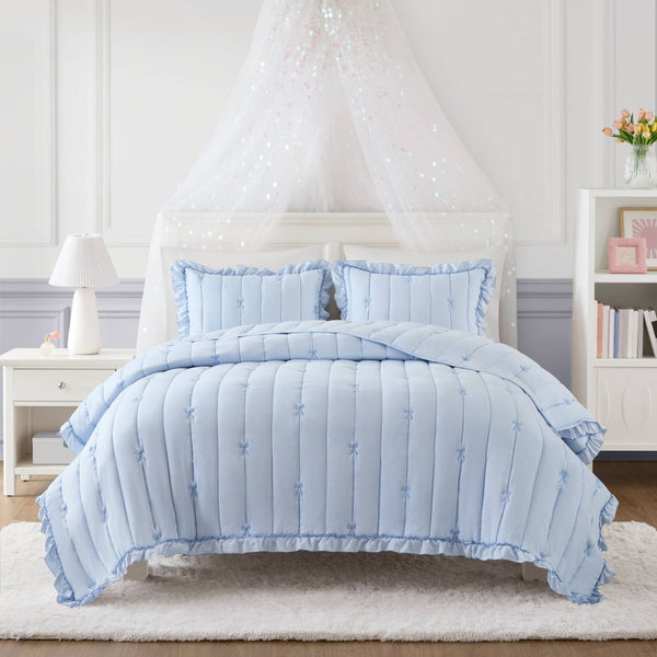English Elm 3-piece Reversible Microfiber Quilt Set Bow Embroidery Ruffled Trim Romantic Bedroom Blue B035P482883