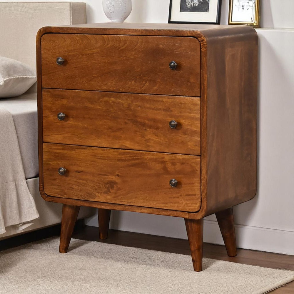 English Elm Solid Wood Curved Chestnut 3-Drawer Mini Dresser with Nordic Legs, Shiny Knobs, Modern Storage Appeal B182P280816