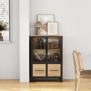 English Elm Storage Cabinet Matte Iron Four Door Sideboard with Adjustable Shelf for Modern Interiors Black+Natural W3151P407883