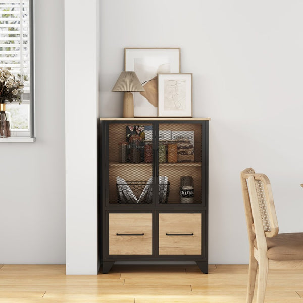 English Elm Storage Cabinet Matte Iron Four Door Sideboard with Adjustable Shelf for Modern Interiors Black+Natural W3151P407883