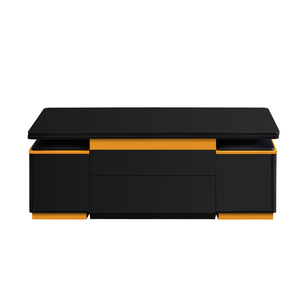 English Elm VIBE HAUS Lift-Top Coffee Table with Gold Trim, Foldable Workstation & Hidden Storage Stools Set Black N893S000010B