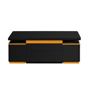 English Elm VIBE HAUS Lift-Top Coffee Table with Gold Trim, Foldable Workstation & Hidden Storage Stools Set Black N893S000010B