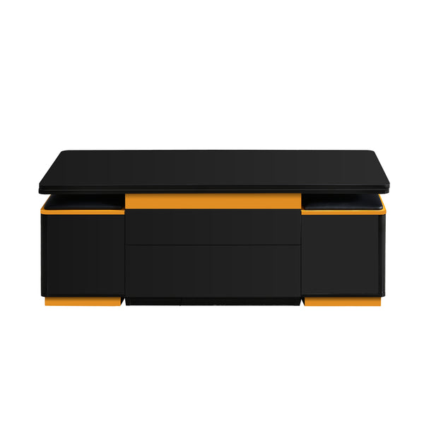 English Elm VIBE HAUS Lift-Top Coffee Table with Gold Trim, Foldable Workstation & Hidden Storage Stools Set Black N893S000010B