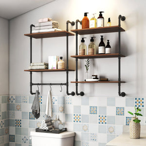English Elm Industrial Pipe Shelf 3-Tier Wall Mounted Rustic Wood Display with 8 Open Shelves & 3 Hooks — Farmhouse Decor, Kitchen, Bedroom Storage (28.35x15.35x11.22) W331P279737