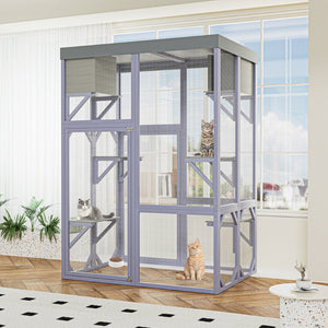 English Elm Outdoor Solid Fir Wood Cat Enclosure with 4 Tiered Platforms and Dual Napping Houses W3166P476669