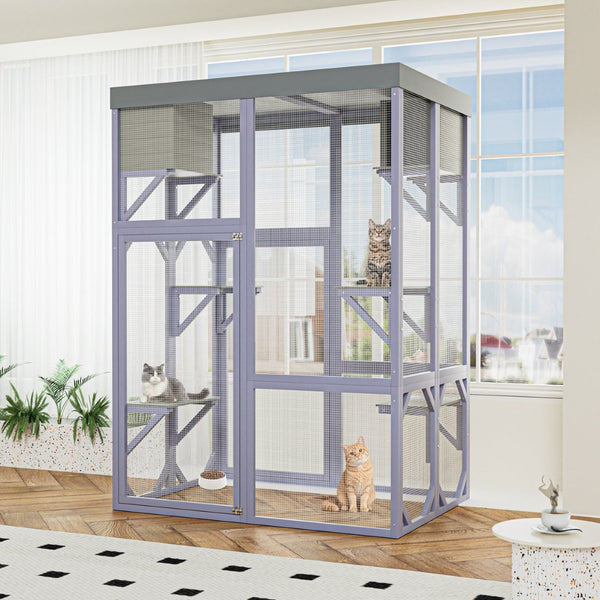English Elm Outdoor Solid Fir Wood Cat Enclosure with 4 Tiered Platforms and Dual Napping Houses W3166P476669