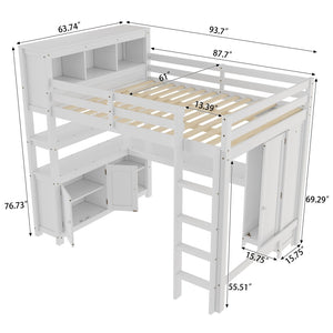 English Elm Full Size Pine Loft Bed House Frame with Slide Bookshelves and Moon Star Rails W1580S00162