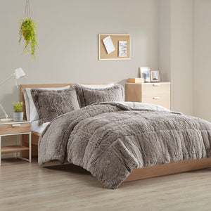 English Elm Full/Queen Malea Shaggy Long Fur Comforter Mini Set — Plush Faux Fur Comforter & Shams, Cozy Luxe Feel Grey 22.44 L x 20.87 W x 8.86 H B03595900