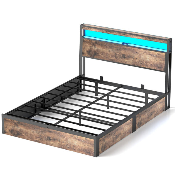 English Elm Full Size Industrial Metal Storage Bed with Hydraulic Lift Rgb Lighting and Usb Charging T3963P437369