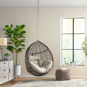 English Elm Christopher Knight Home® - MORRIS Teardrop Hanging Chair with 8ft Chain — Durable Woven Rattan, Water‑Resistant Cushions, Cozy Lounge Khaki+Brown 70773.00KHAKMULBRN