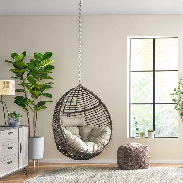 English Elm Christopher Knight Home® - MORRIS Teardrop Hanging Chair with 8ft Chain — Durable Woven Rattan, Water‑Resistant Cushions, Cozy Lounge Khaki+Brown 70773.00KHAKMULBRN