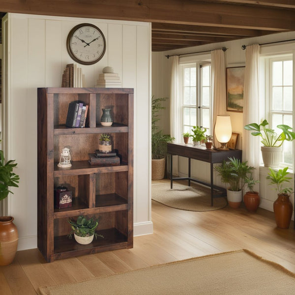 English Elm 64-inch Bookcase in Whiskey Finish — Knotty Alder Solid & Veneer, Distressed Rustic Modern Look, Fully Assembled B108P160197