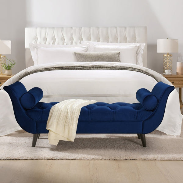 English Elm Alma Velvet Tufted Entryway Bench with Flared Arms and Bolster Pillows Included Navy Blue B2719P238449