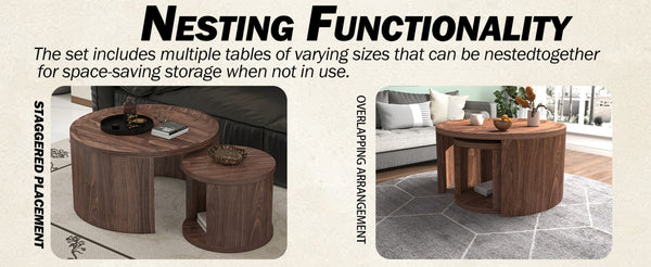 English Elm Round Nesting Coffee Tables Natural Wood Grain Scandinavian Set for Living Room W1727S00092
