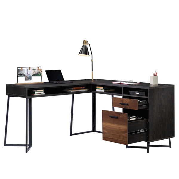 English Elm L-Shaped Desk In Rich Dark Walnut Finish - Space-Saving Workstation With Ample Storage & Cable Management B356P354466