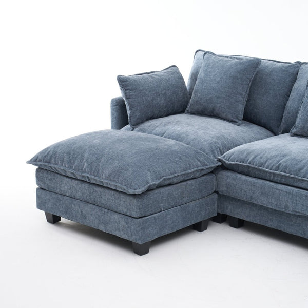 English Elm Beige Chenille Sectional Sofa with Modular Ottoman for Living Room or Studio Blue W2603S00007