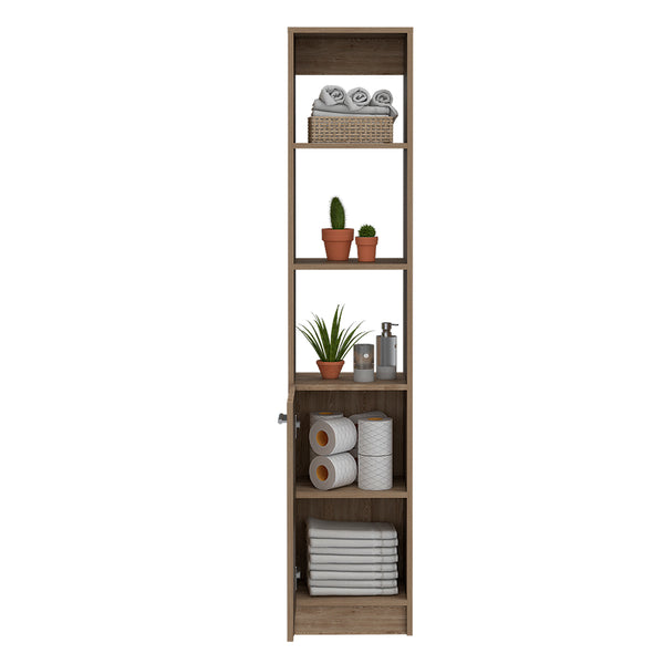 English Elm Malaga Linen Cabinet with Concealed Door and Three Open Shelves, 63" Tall Space-Saving Storage Solution Beige 66.5 L x 16.9 W x 3.9 H B20091942