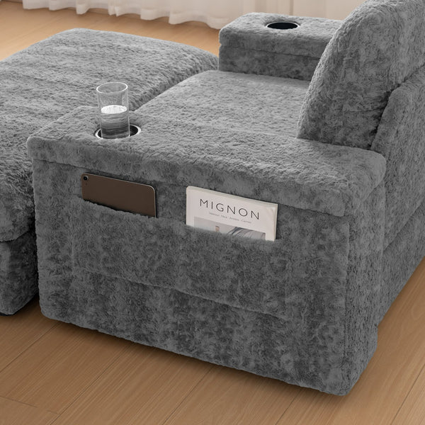 English Elm 42" Oversized Chaise Lounge Faux Rabbit Fur Sofa Bed with Storage Ottoman, Cup Holder, Reclining Cozy Seat N723P232726E
