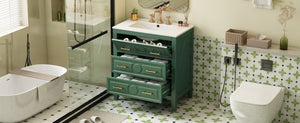 English Elm 30'' Bathroom Vanity with Ceramic Sink, Solid Wood Frame Retro Style Vanity with 3 Drawers & Gold Handles Green N710P246209F